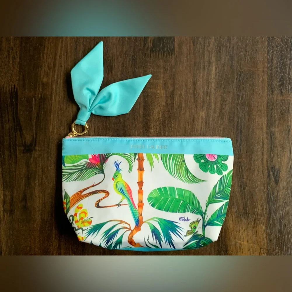 ESTEE LAUDER Women’s Turquoise Blue Tropical Print Zipper Top Cosmetic Bag